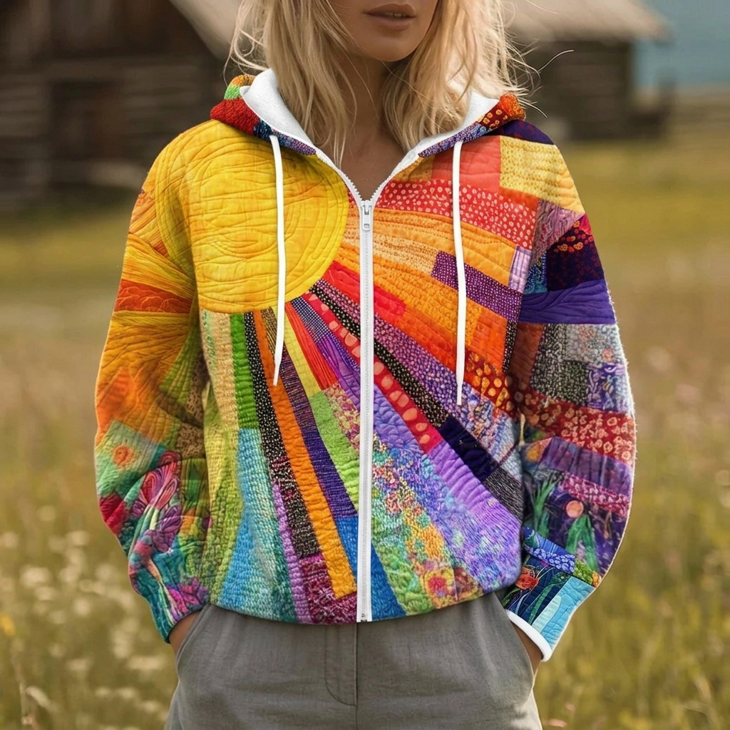 Dawnray™ | Sunburst Print Zip-Up Hooded Jacket